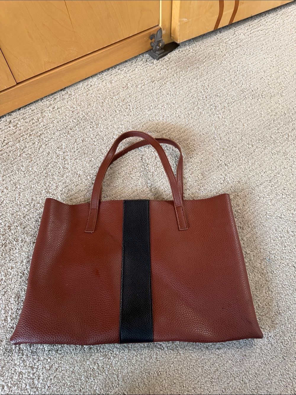 Vince Camuto Brown Leather Tote with Black Center Stripe